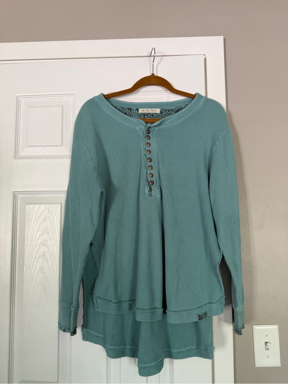 Free People We the Free Aqua Blue Thermal Long Sleeve Top Waffleknit